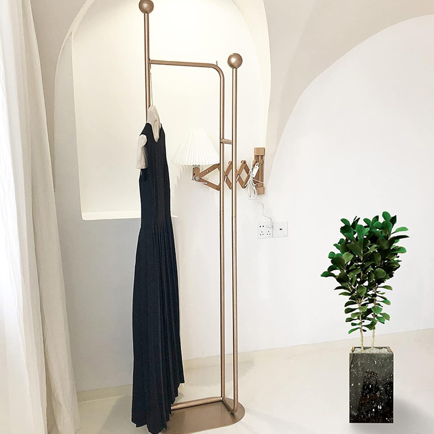 Heavy Duty Garment Rack Modern Metal Clothing Rack with Shelves Freestanding Coat Rack for Bedroom Hallway and Living Room Easy to Assemble Clothes Rail Small Space Storage Solution (Gold)