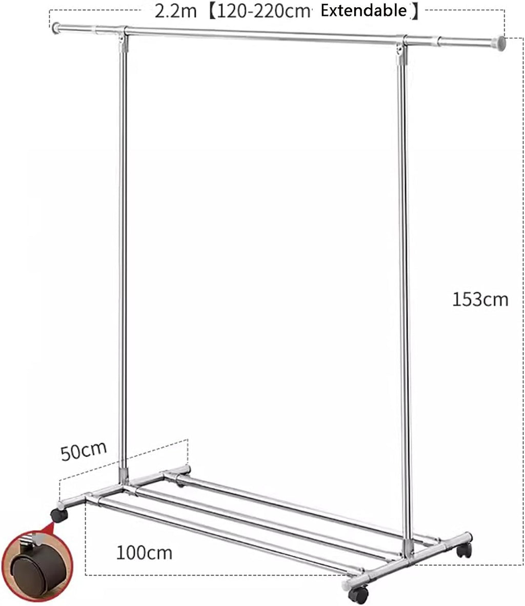 Heavy Duty Garment Rack Silver Stainless Steel Clothes Rail On Wheels, Extendable Hanging Rod Clothing Rack with Shelves, Rolling Clothes Organizer for Bedroom, Portable Drying Rack