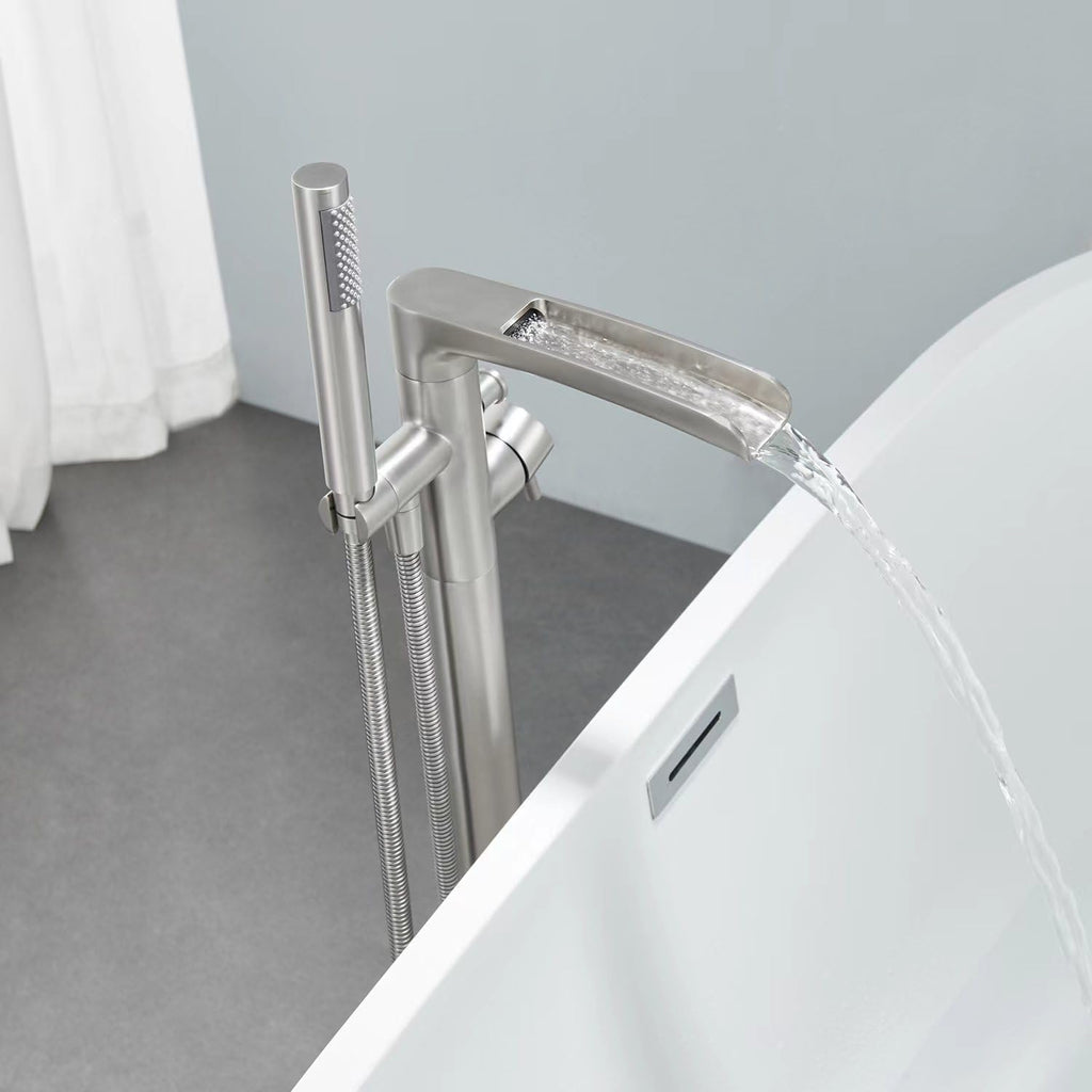 Wowkk Waterfall Freestanding Bathtub Faucet Brushed Nickel Floor Mount Tub Filler Brass Single Handle Bathroom Faucets with Hand Shower