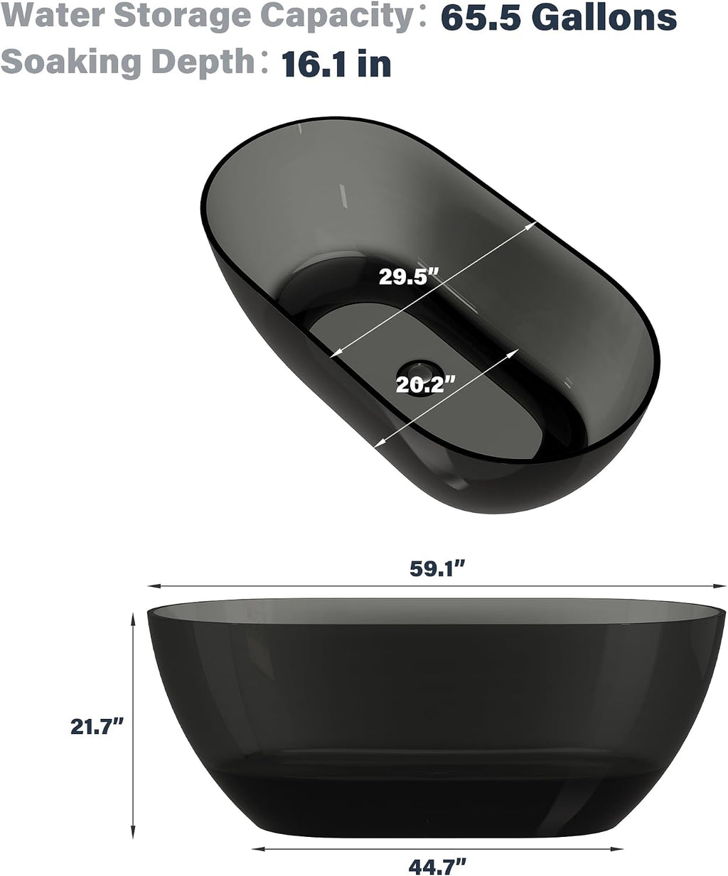 CASAINC 59' Resin Freestanding Bathtub Transparent Soaking Tub Modern Oval Design Stand Alone Tub with Pop-up Drain, 65.52 Gallons Water Storage Capacity 410 MM Soaking Depth, Transparent Ash Gray