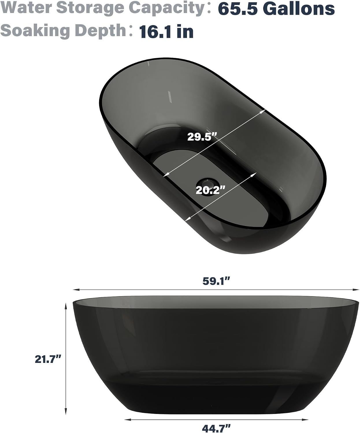 CASAINC 59' Resin Freestanding Bathtub Transparent Soaking Tub Modern Oval Design Stand Alone Tub with Pop-up Drain, 65.52 Gallons Water Storage Capacity 410 MM Soaking Depth, Transparent Ash Gray