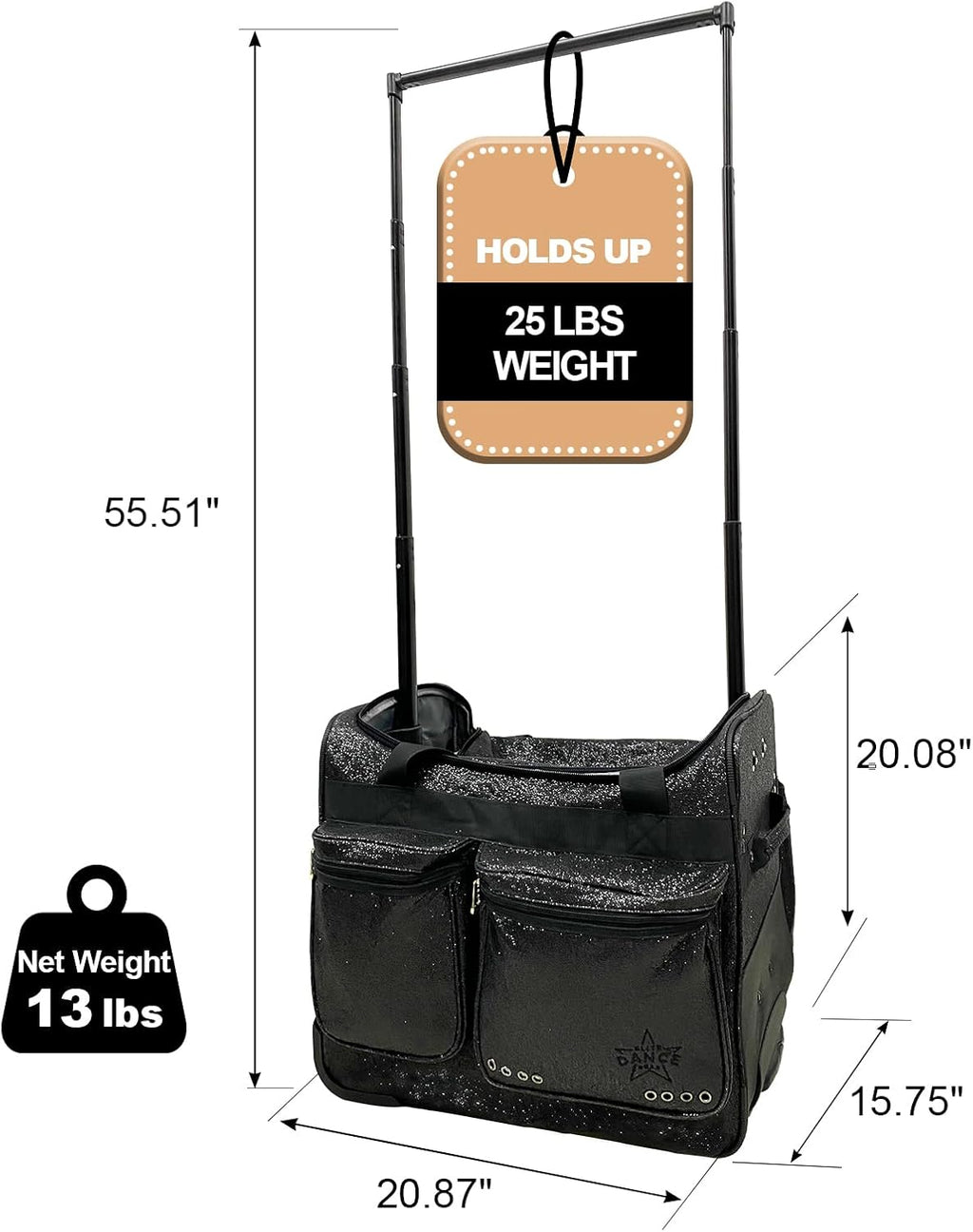 23 Inch Dance Bag with Garment Rack Garment Cover, Costumes Rolling Garment Duffel Bags for Travel & Dancer, Competition Bag with Wheels
