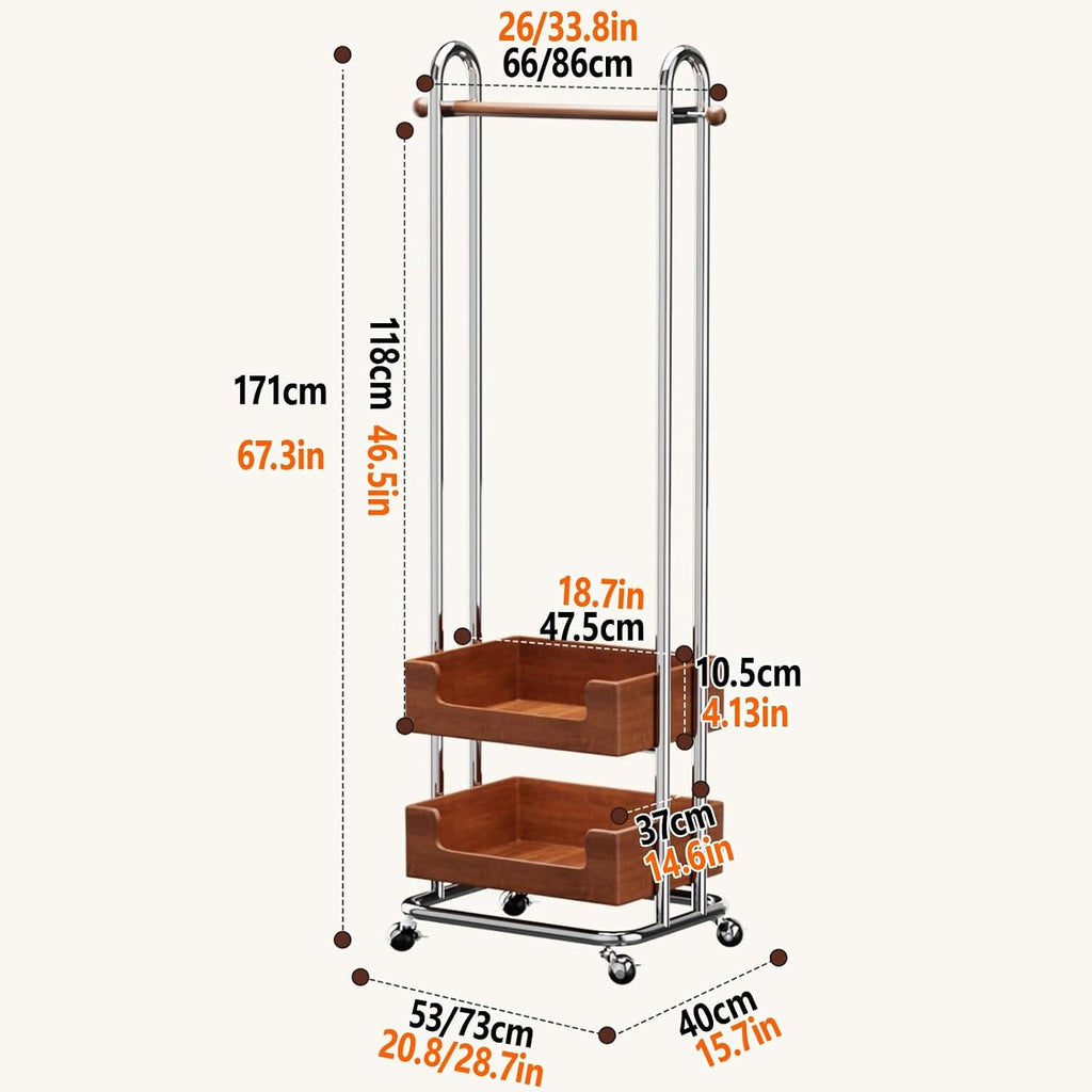 Rolling Clothing Racks With Side Hooks,Metal Clothes Rack With 2 Storage Basket,solid Wood Hanging Rod,Freestanding Garment Rack For Bedroom Living Room(53cm/20.8in)