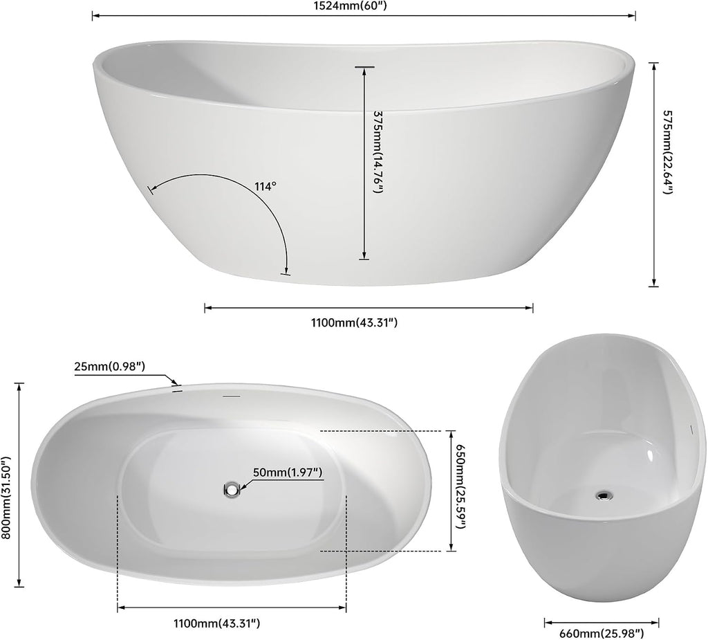 60' Upgraded Contemporary Oval Freestanding Bathtubs, Premium White Stand Alone Soaking Tub with CUPC Drain