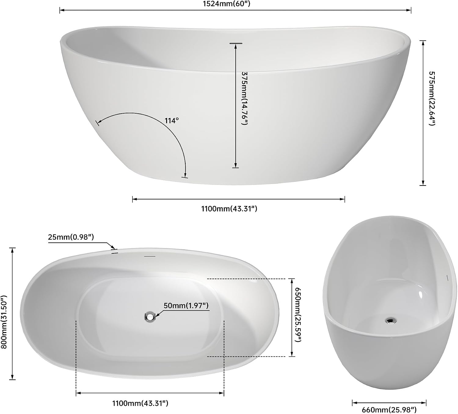 60' Upgraded Contemporary Oval Freestanding Bathtubs, Premium White Stand Alone Soaking Tub with CUPC Drain
