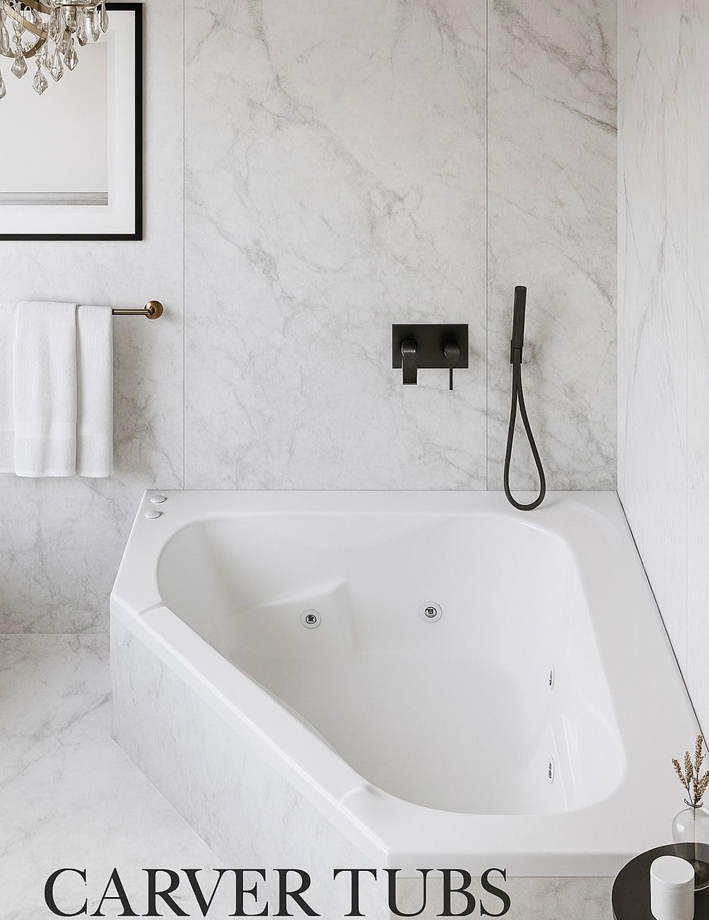Carver Tubs - CT6060 - Acrylic Fiberglass Soaking Classic Corner Bathtub - White Triangle Two Person Acrylic bath tubs for bathroom w/Armrest - Deep Relaxing Soak - 60'L x 60'W x 19.5'H