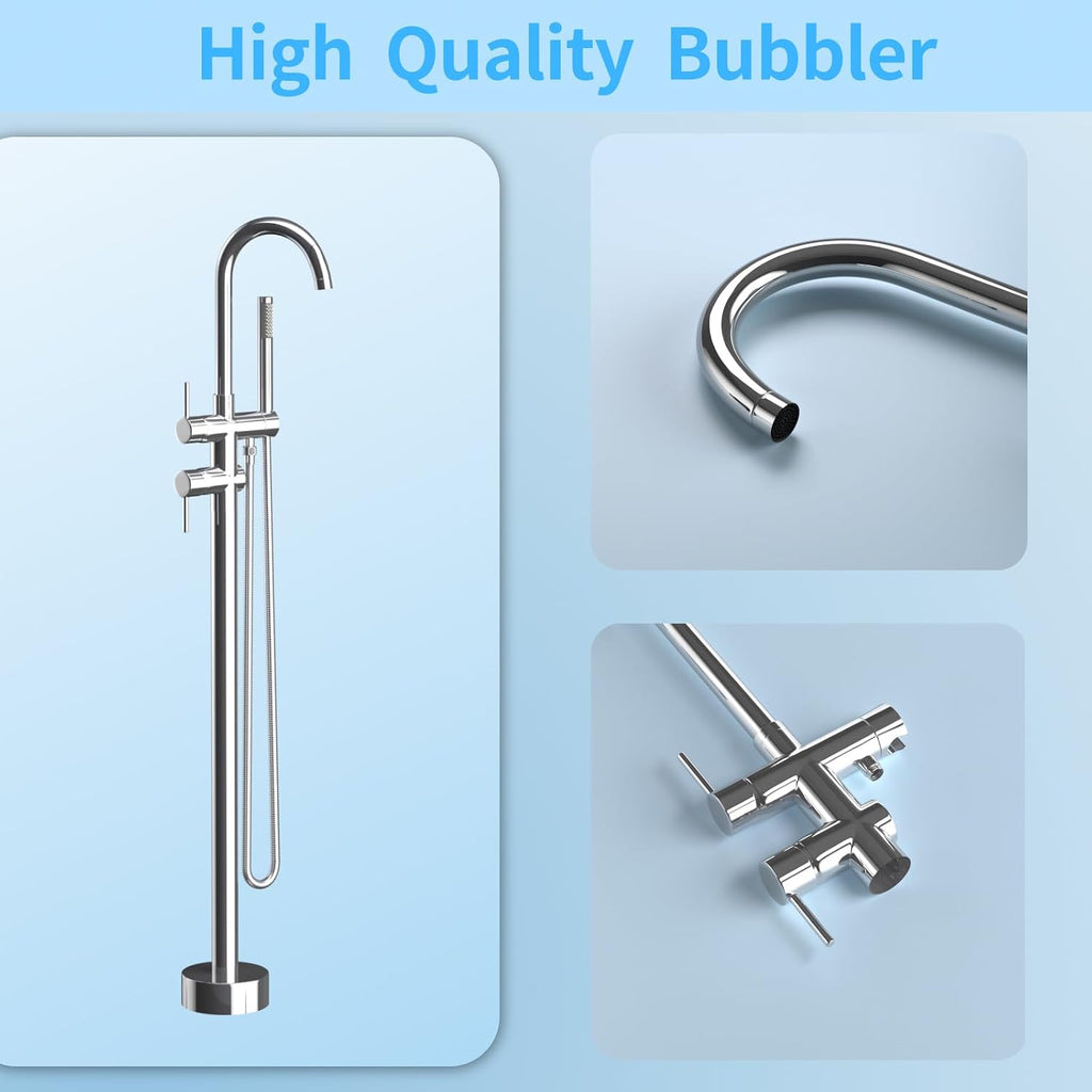 Freestanding Bathtub Faucet,Tub Filler Floor Mount Stand Bathtub Faucet Brass Bathroom Tub Faucets with 2 Function Hand Shower Wand Swivel Polished Chrome