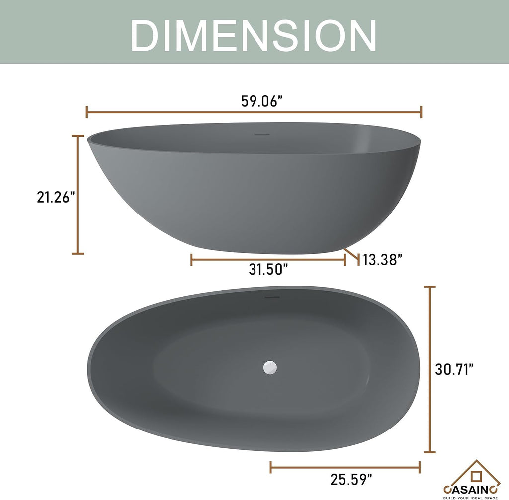 CASAINC 59' Solid Surface Freestanding Bathtub Egg-Shaped Stone Resin Freestanding Tub Matte Grey Stand-Alone Tub with Drain, Drain Hose & Sanding Paper
