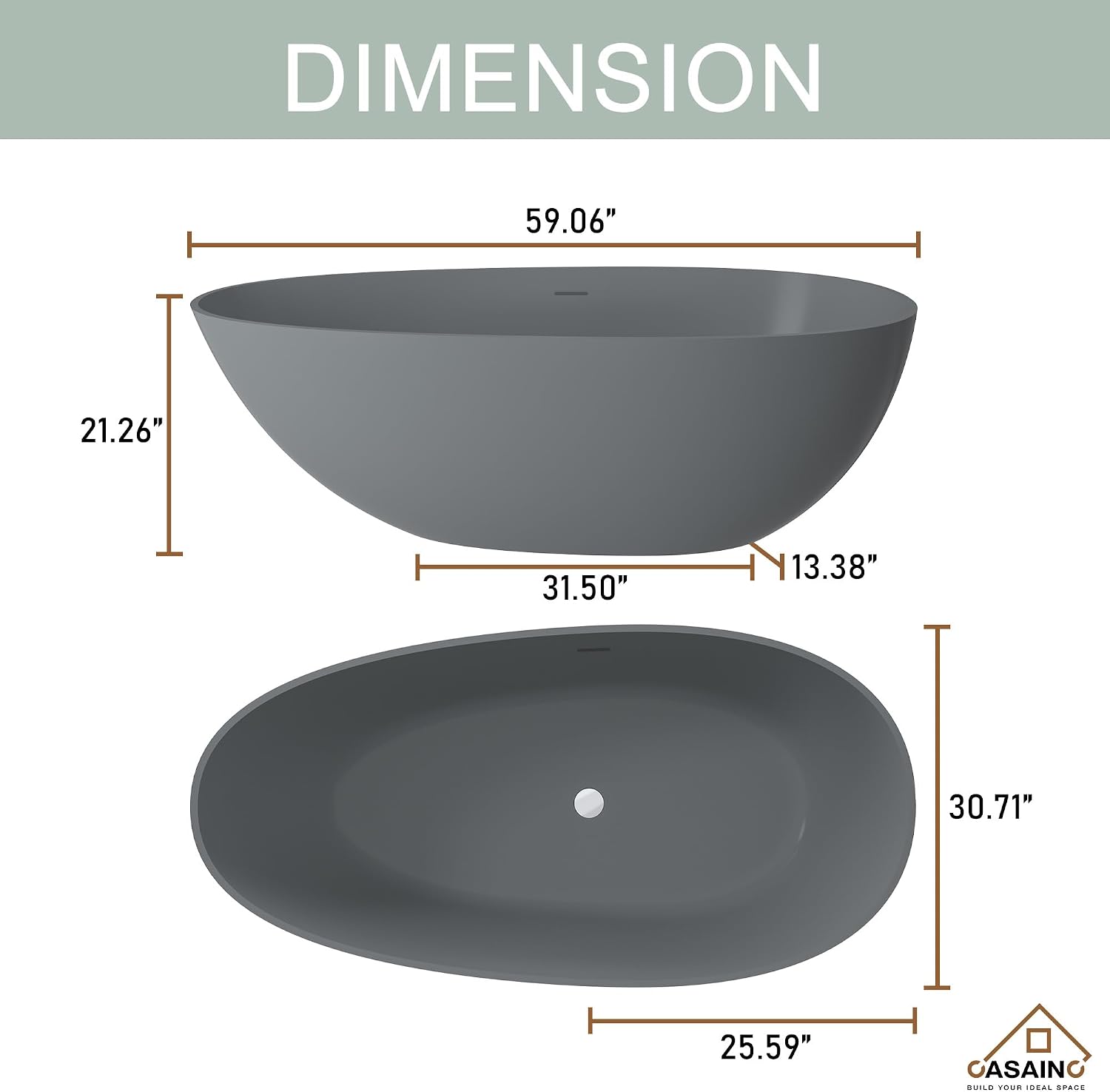CASAINC 59' Solid Surface Freestanding Bathtub Egg-Shaped Stone Resin Freestanding Tub Matte Grey Stand-Alone Tub with Drain, Drain Hose & Sanding Paper