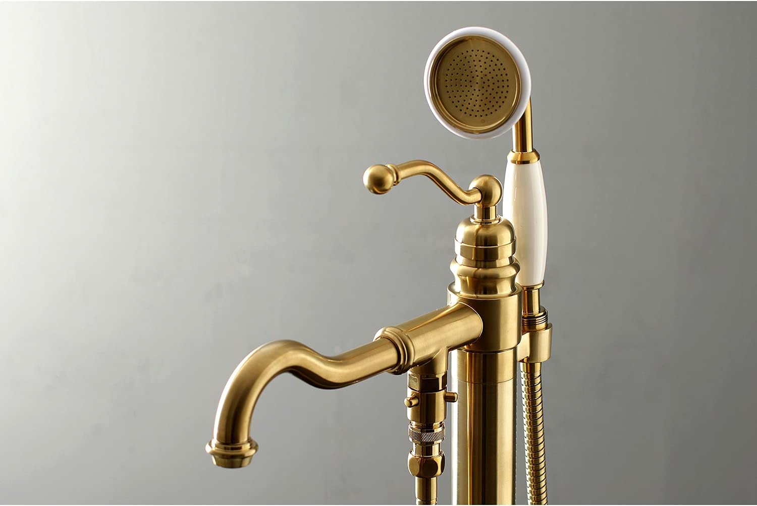 Kingston Brass KS7137ABL Freestanding Roman Tub Filler With Hand Shower, Brushed Brass