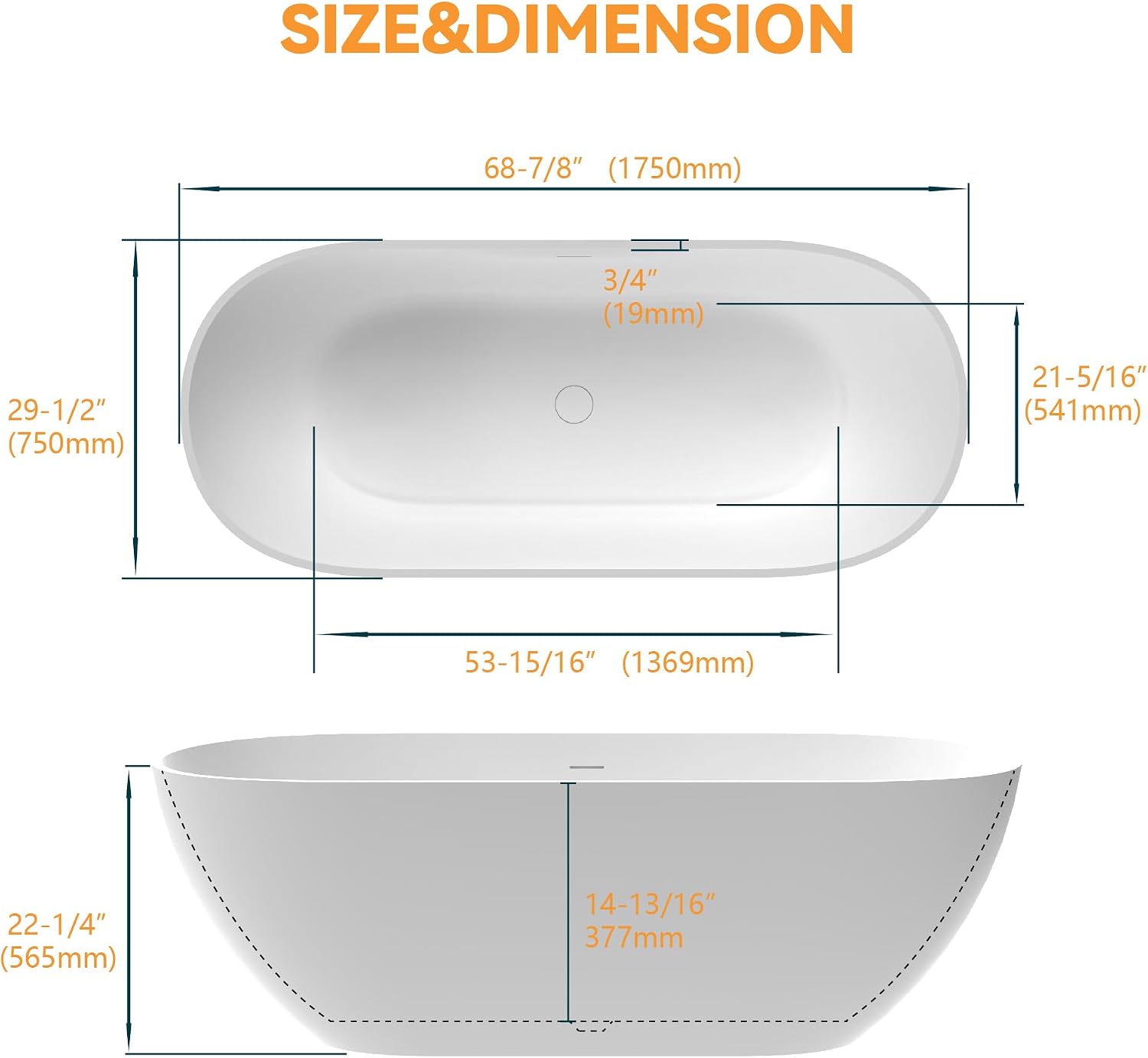 68' Resin Stone Freestanding Bathtub, Oval Solid Surface Freestanding Tub, Stand Alone Tub, Integrated Slotted Overflow and Pop-up Drain, Matte White