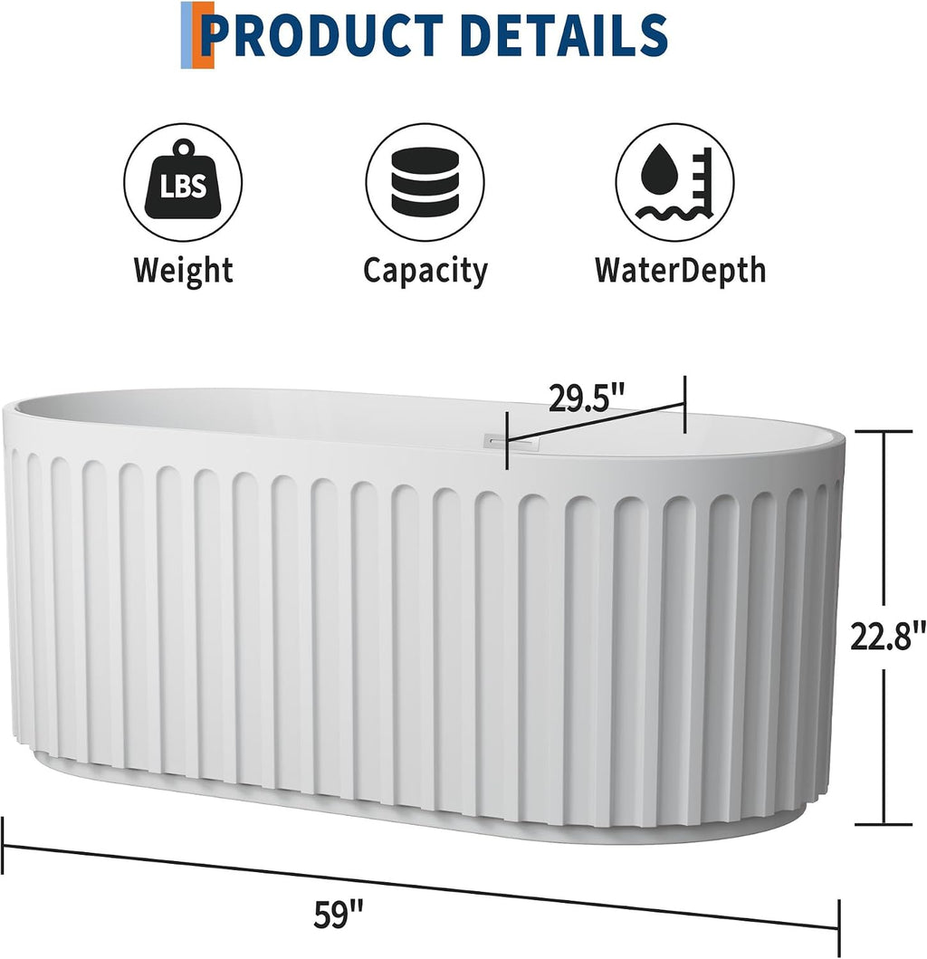 59 Inch Acrylic Freestanding Bathtub with Textured Stripes, Deep Soak Tub, Space-Saving, Glossy Surface, Luxury Spa Design for Modern Bathrooms