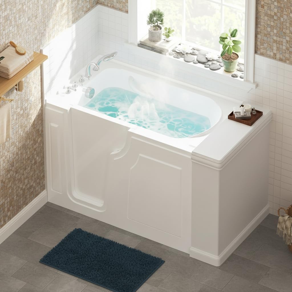 FerdY 55' x 33' Walk-in Bathtub with Left-Side Door Opening, Quick Fill and Drain System, Shower Combo with Rectangular Soaking Bathtub in White, Floridian