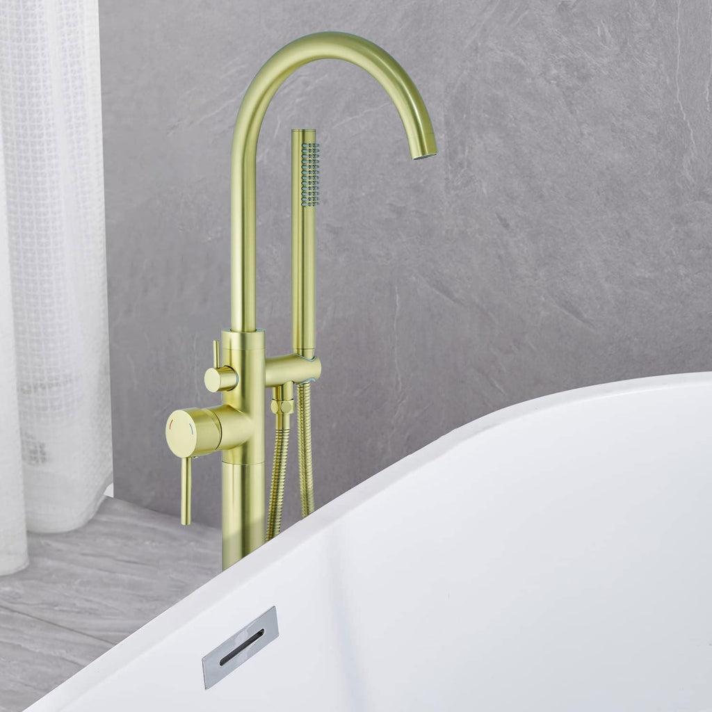 Free Standing Tub Faucet, Floor Mount Freestanding Tub Faucets, Brass Stand Alone Tub Filler, High Flow Bathtub Shower Mixer Tap (Brushed Gold)