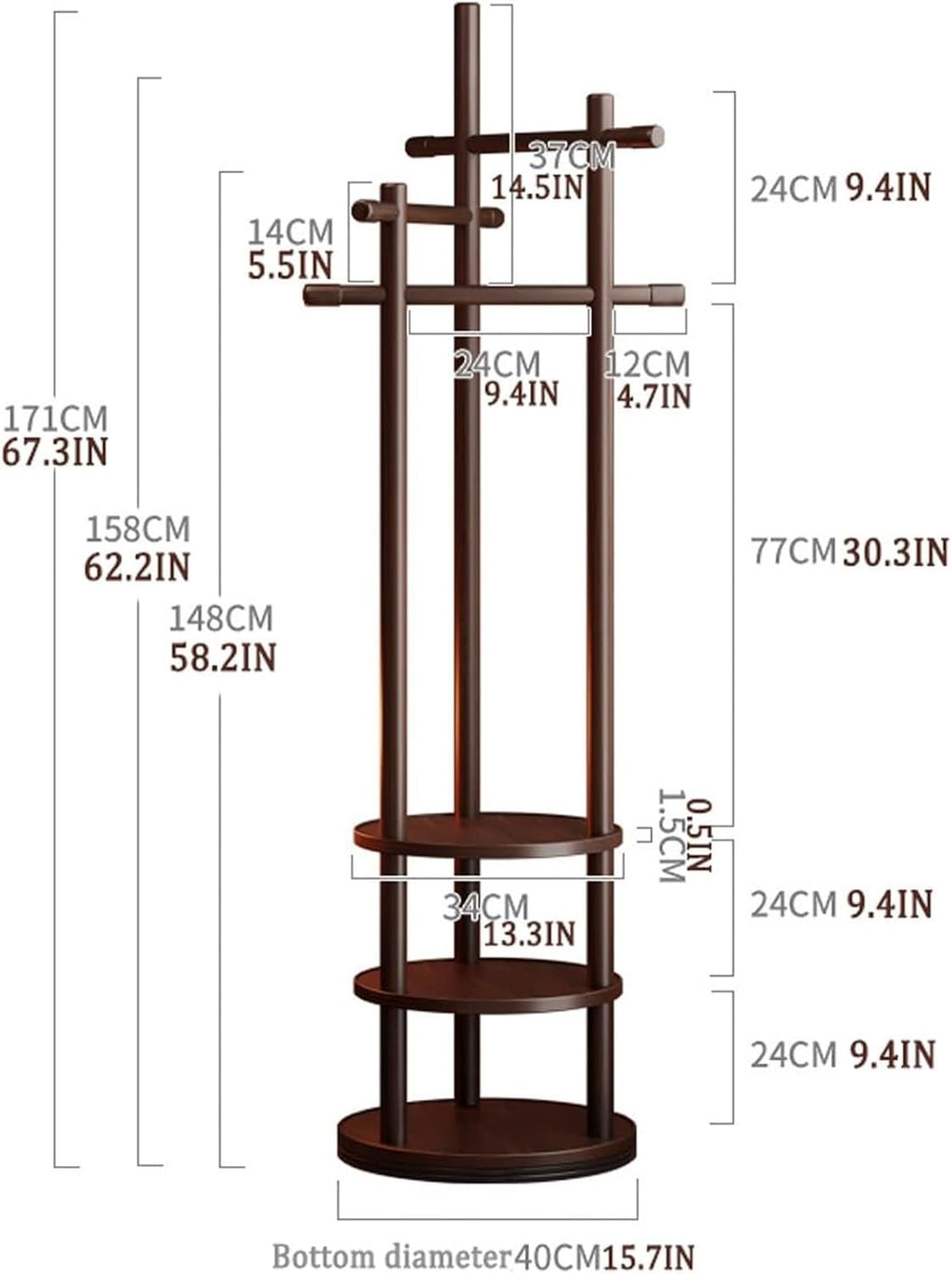 Rotatable Wooden Coat Rack with 3-Tier Storage, Freestanding Garment Stand with 6 Hooks for Bedroom, Entryway, and Walk-in Closet(Walnut)