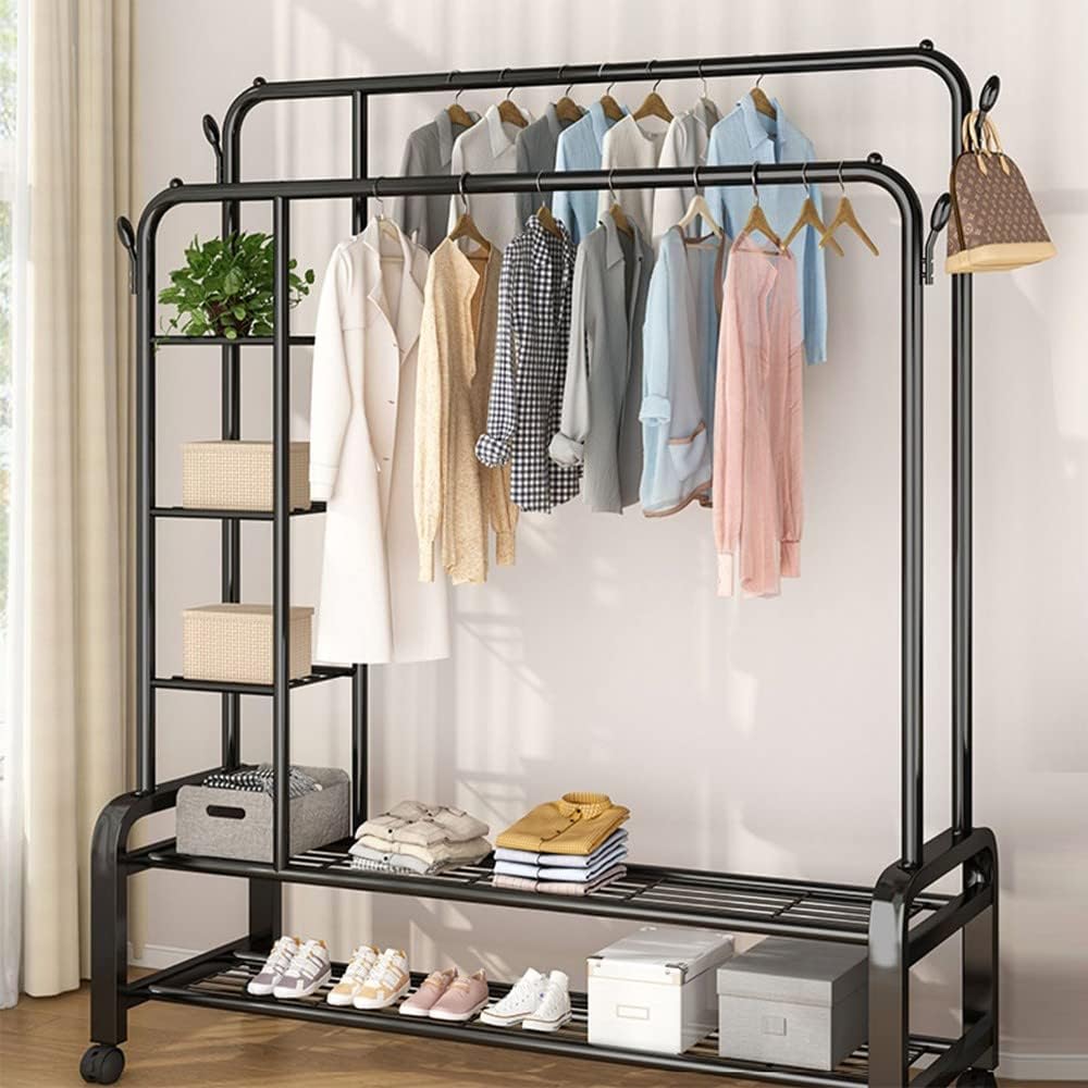 Metal Clothes Rail, Coat Rack Stand, Freestanding Garment Rack, Bedroom Clothes Drying Rack with Storashelf, for Home Office Indoor/Black