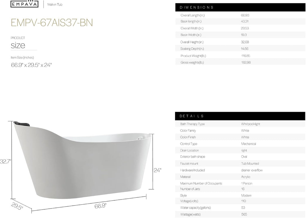 Empava Upgrade Acrylic Whirlpool Bathtub, 67-Inch Freestanding Gracefully Oval Shaped Jetted Bathtub with Healing Chromotherapy, 16 Hydromassage Jets, Single-Ended Bathtubs with Pillow