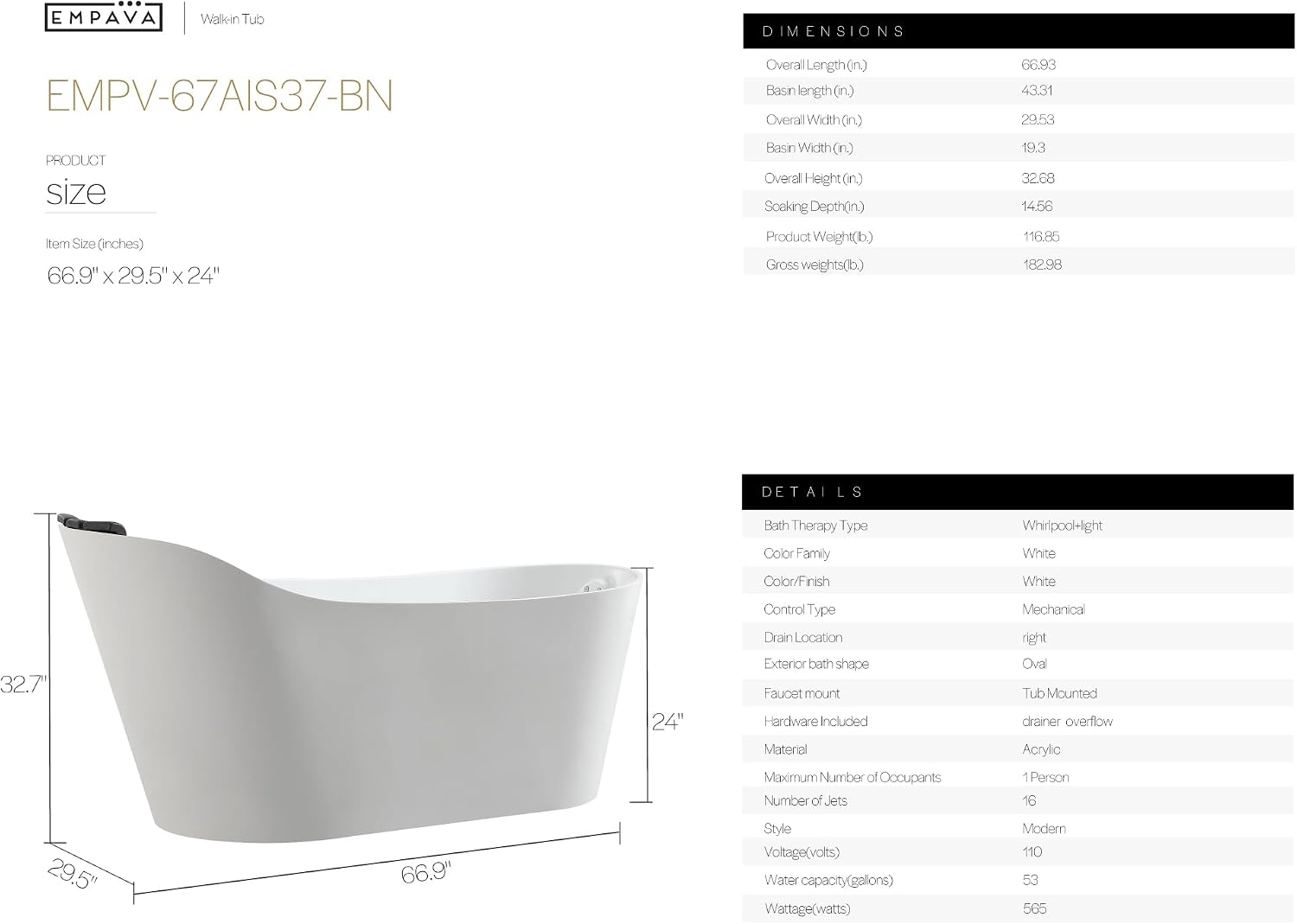 Empava Upgrade Acrylic Whirlpool Bathtub, 67-Inch Freestanding Gracefully Oval Shaped Jetted Bathtub with Healing Chromotherapy, 16 Hydromassage Jets, Single-Ended Bathtubs with Pillow
