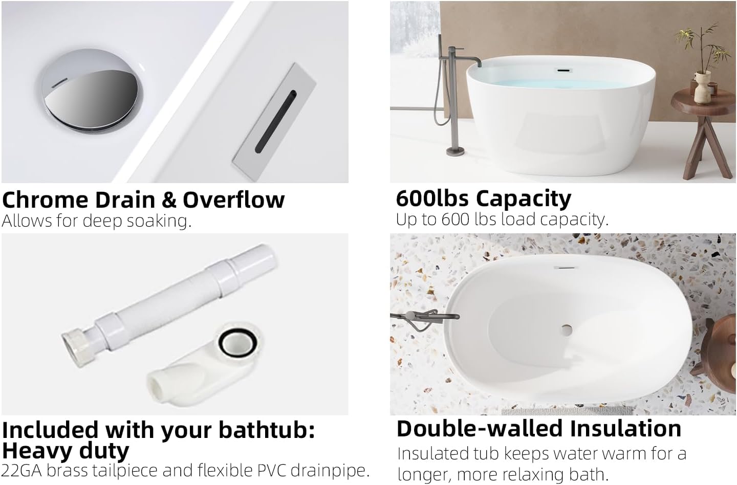 47' Freestanding Bathtub, Oval Soaking Tub with Chrome Overflow & Pop-Up Drain, CUPC Certified, Double-Walled Insulation, Modern Freestanding Tub for Bathroom