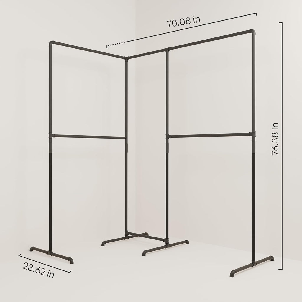 pamo Corner Clothes Rack – Freestanding L-Shaped Double Rail Clothing Rack Industrial Pipe I Heavy Duty Corner Wardrobe Rack Black I Width 70' Holds up to 220 lbs