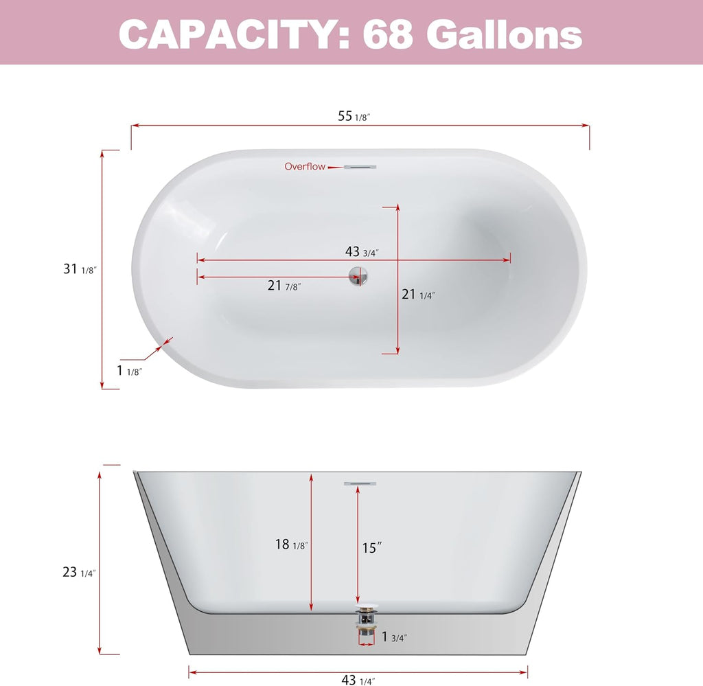 TONA 55' Acrylic Freestanding Bathtub Contemporary Soaking White Tub cUPC Certified, Toe-Tap Chrome Drain & Overflow Assembly Included
