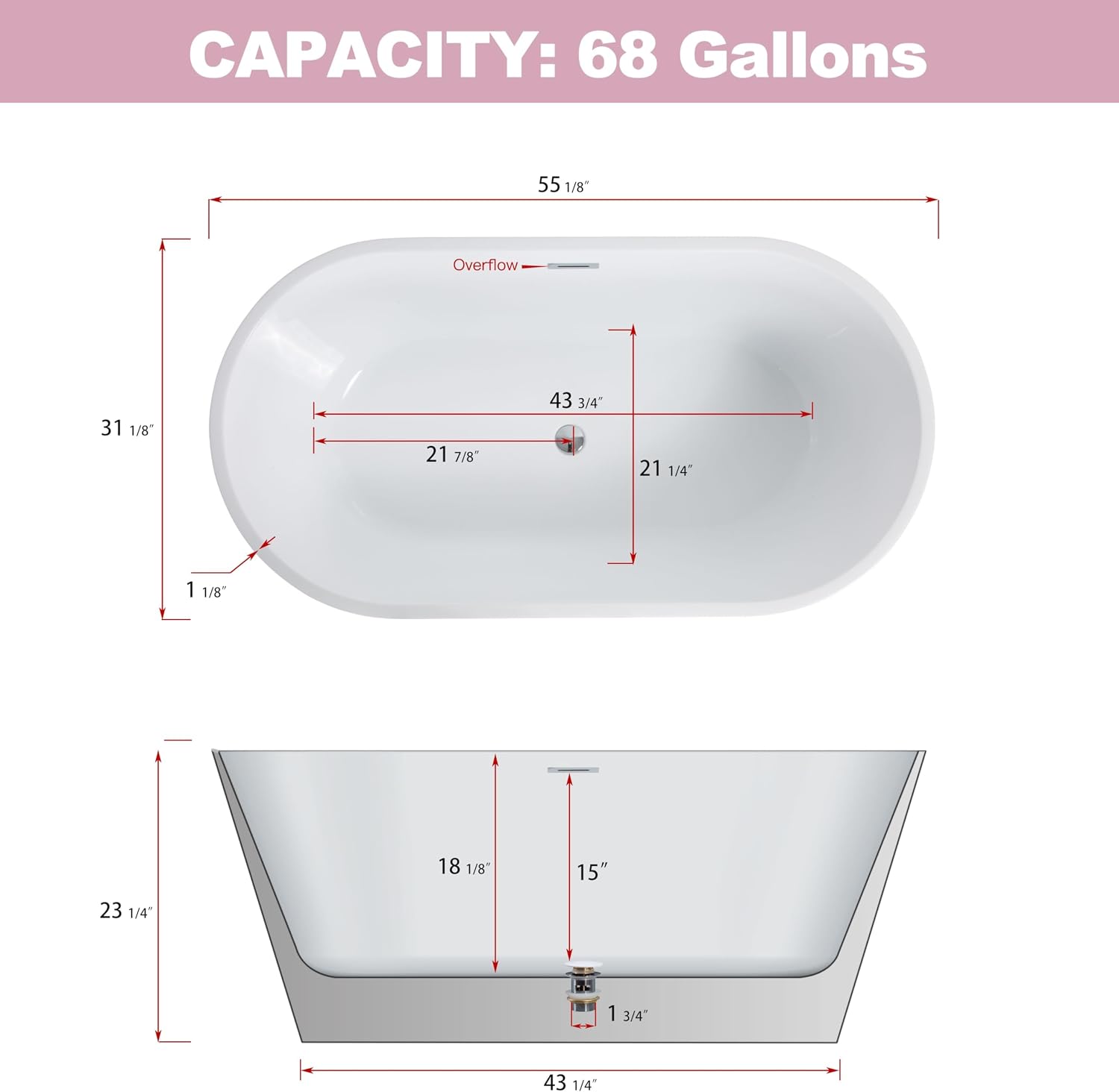 TONA 55' Acrylic Freestanding Bathtub Contemporary Soaking White Tub cUPC Certified, Toe-Tap Chrome Drain & Overflow Assembly Included