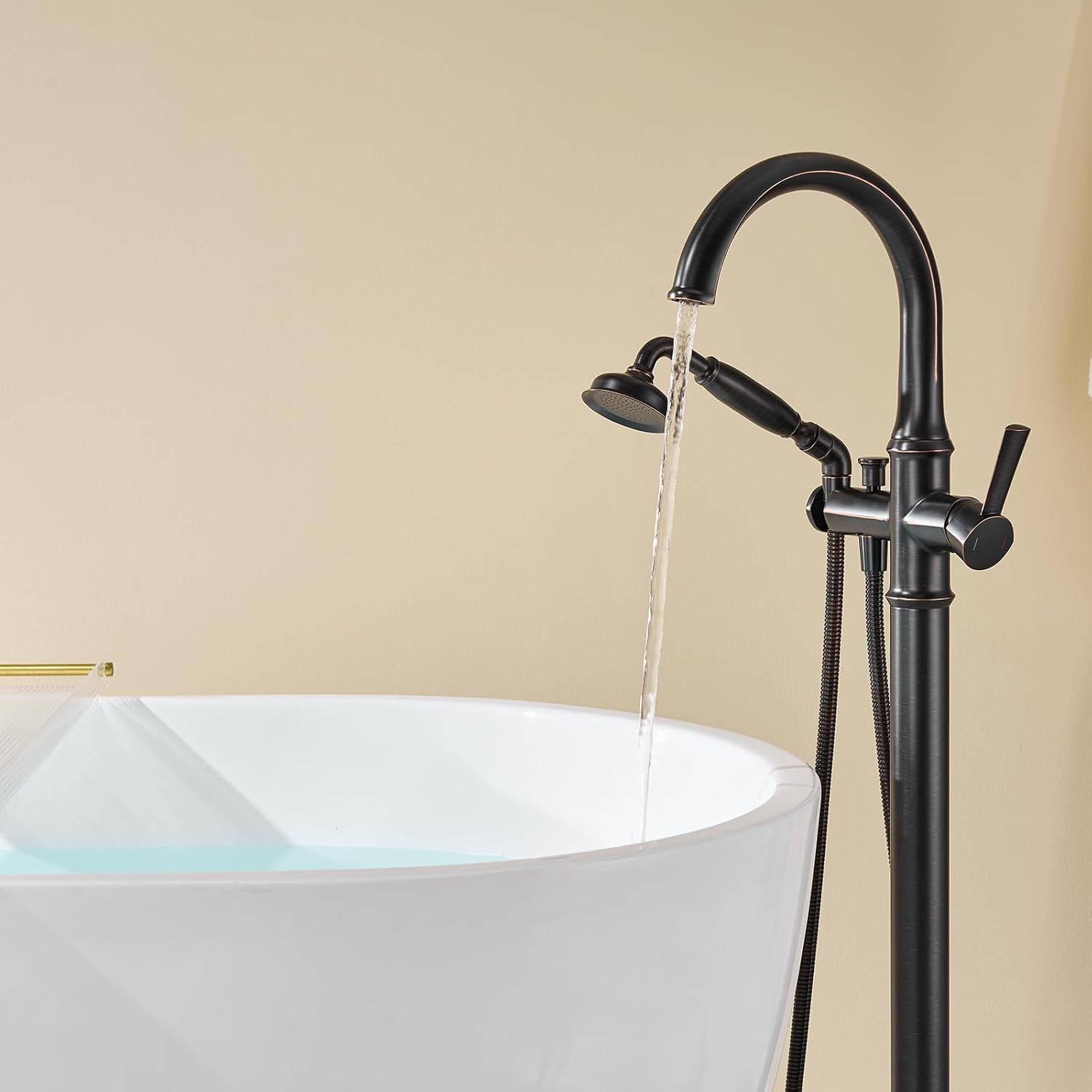 Wowkk Free Standing Tub Faucet Oil Rubbed Bronze Tub Filler Freestanding Bathtub Faucets Brass Tub Faucet with Hand Shower