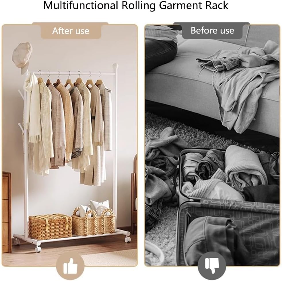 Clothes Rack, Metal Rolling Garment Rack on Wheels, Clothes Rail with Storage Shelf for Bedroom, Hallway, Entryway(55x43x170cm)