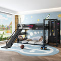Multifunction Kids Loft Bed with Basketball Hoop, Slide, Pull-up Rings and Climbing Wall, Twin Metal Bunk Bed with Basketball Hoop, Pull-Up rings, Climbing Wall, and Built-in Bookshelves, Black