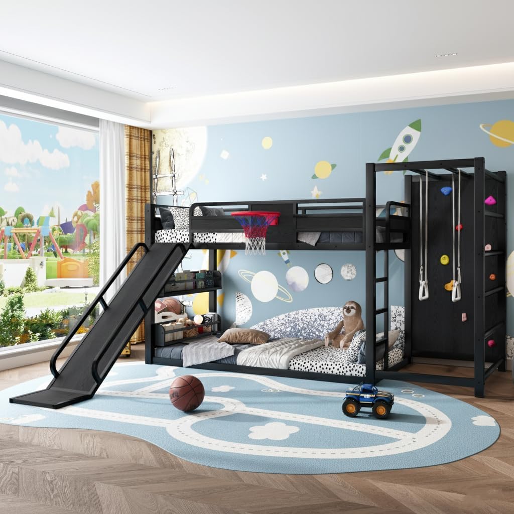 Multifunction Kids Loft Bed with Basketball Hoop, Slide, Pull-up Rings and Climbing Wall, Twin Metal Bunk Bed with Basketball Hoop, Pull-Up rings, Climbing Wall, and Built-in Bookshelves, Black
