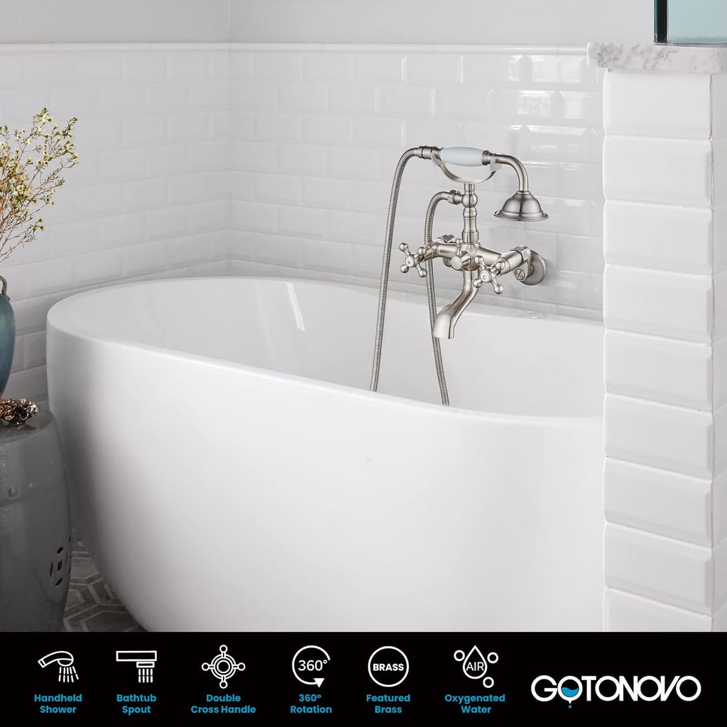 gotonovo Clawfoot Bathtub Faucet Tub Filler with Hand Held Shower Faucet Set Victorian Double Cross Handle 6 Inch Center Adjustable Swing Arms Tub Mount Short Adapter Brushed Nickel