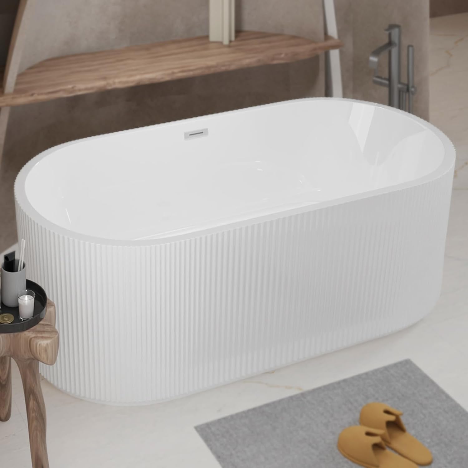 59' Acrylic Bath Tub Glossy White Linear Freestanding Bathtub Modern 55 Gal Stand Alone Soaking Tub with Pop-Up Chrome Drain & Overflow for Indoor Bathing