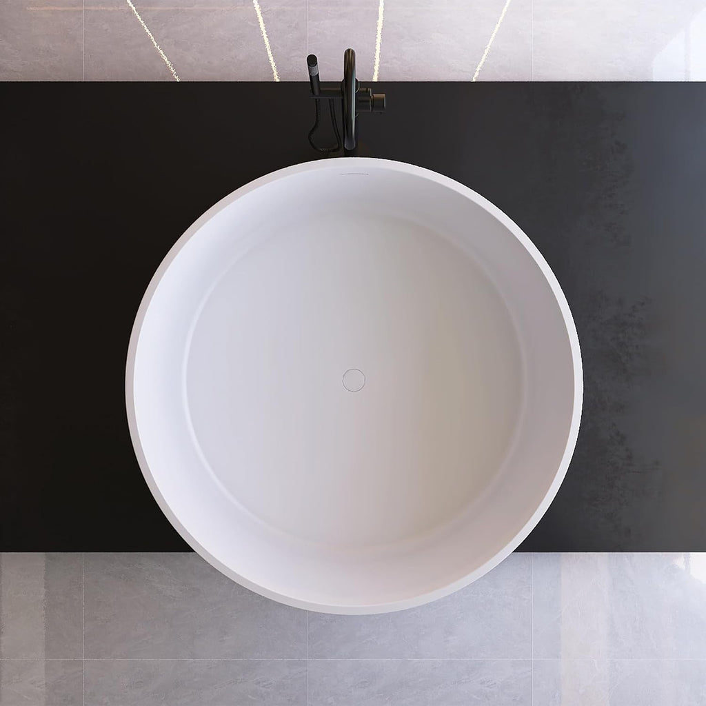 Round Freestanding Tub 49', Solid Surface Bathtub Matte White | Deep Soaking Bathtub, Stone Resin Stand Alone Tub with Overflow and Pop-up Drain, cUPC Certifie