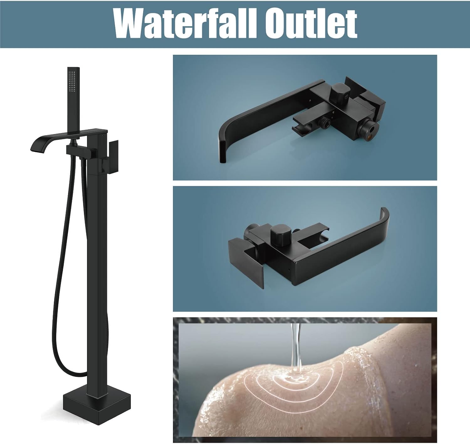 Aolemi Freestanding Bathtub Faucet Floor Mount Tub Filler with Handheld Spray Single Handle Free Standing Bathroom Faucets Swivel Curved Waterfall Spout Matte Black