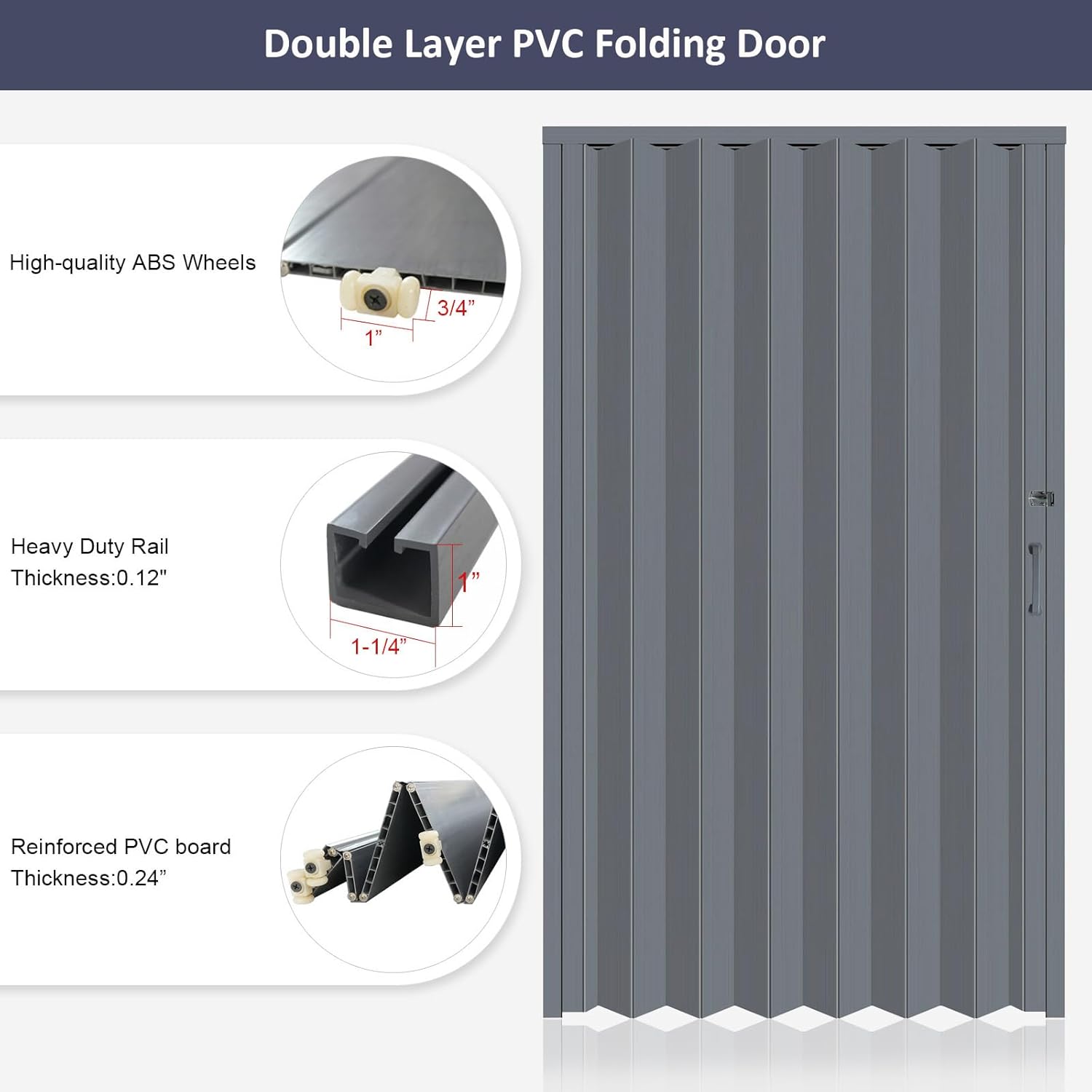 DIYHD 48X96in Interior Folding PVC Accordion Door,Grey,Include Door and Mounting Hardware,Handle,Latch,Folded Width 5-7/8'