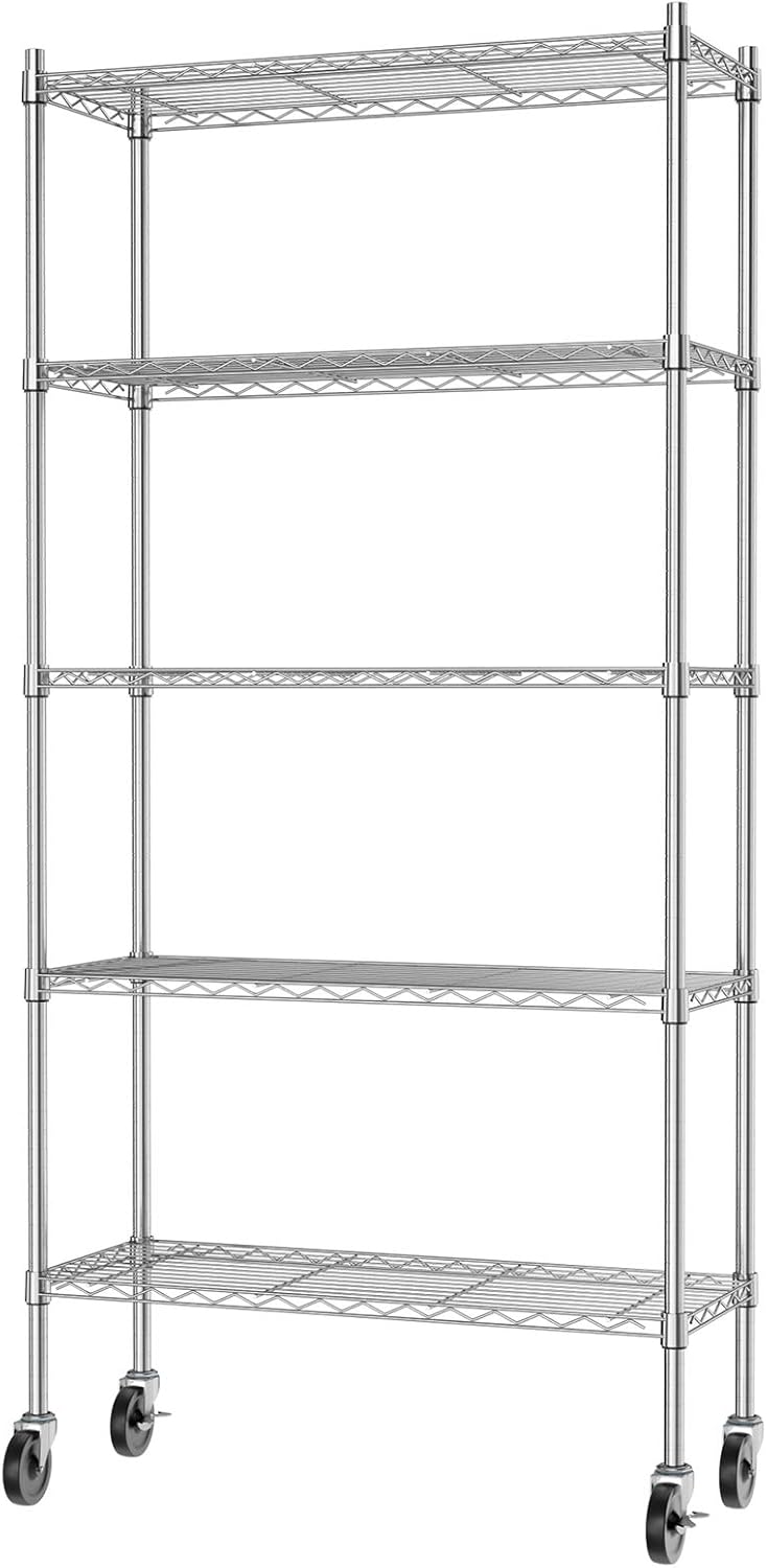 Auslar 5-Shelf Storage Shelves with Casters Heavy Duty 5 Tiers Rolling Cart Utility Racks Adjustable Wire Metal Shelving, 14' x 36' x 76.5', Chrome