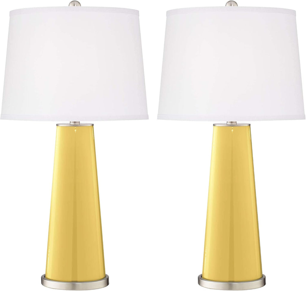 Color + Plus Leo Modern Table Lamps 29 1/2' Tall Set of 2 Daffodil Yellow Glass Tapered Column Plain White Drum Shade for Bedroom Living Room House Home Bedside Nightstand Office Family