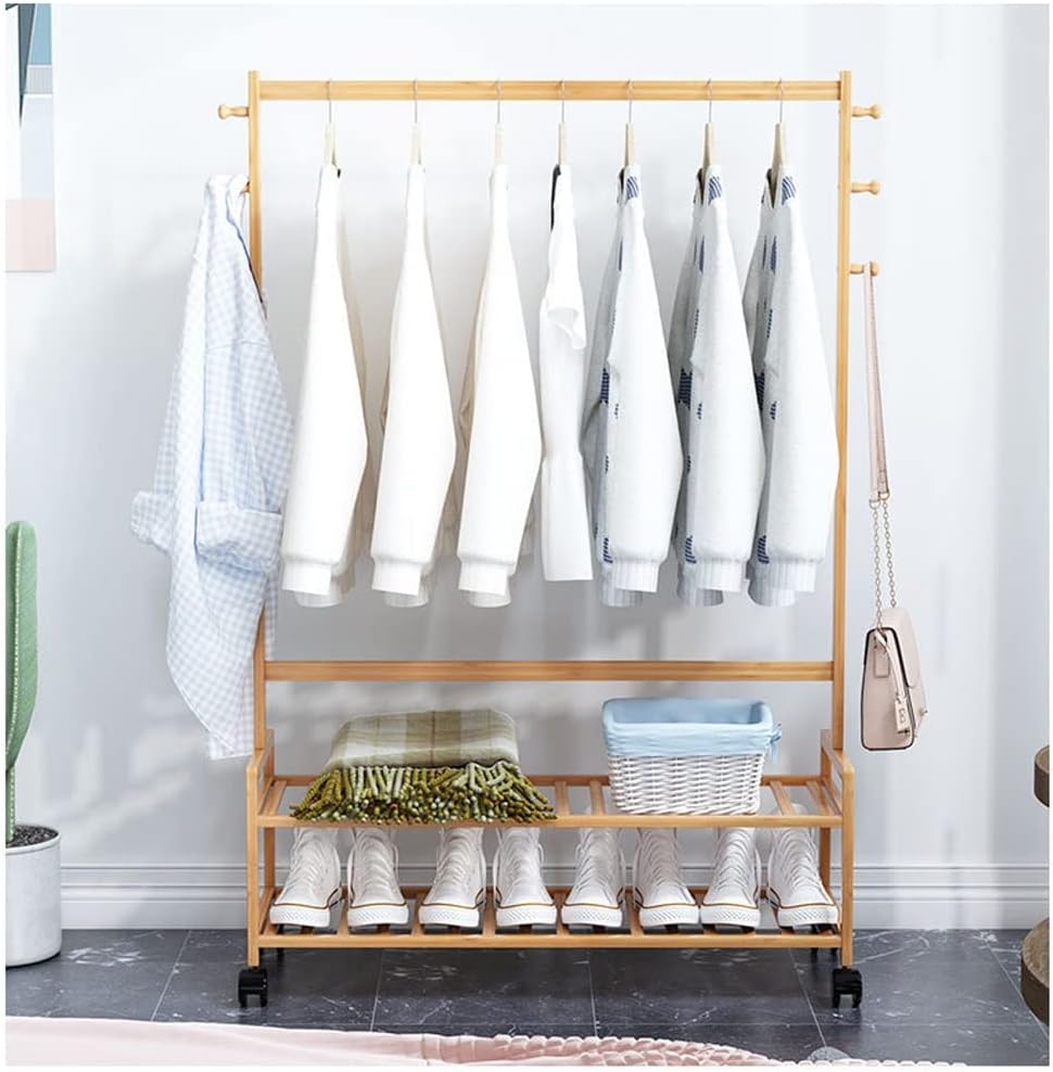 Clothing Garment Rack with Shelves Wooden Rolling Clothes Organizer Bedrooms Clothes Rails Heavy Duty Open Wardrobe Coat Stands Multifunctional Small Closet(