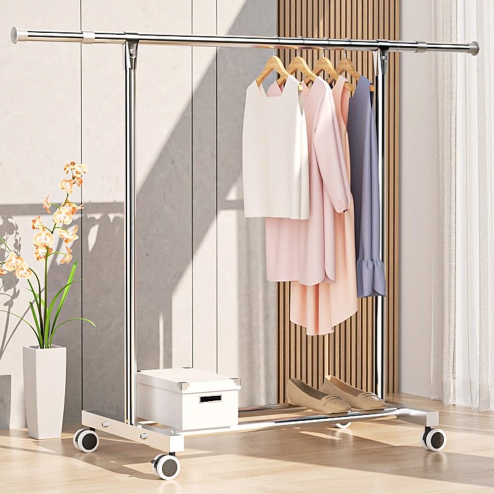 Stainless Steel Clothes Garment Rack with Wheels, Rolling Clothes Organizer, Heavy Duty Clothes Rail with Storage Shelf and 4 Wheels, Load 60kg