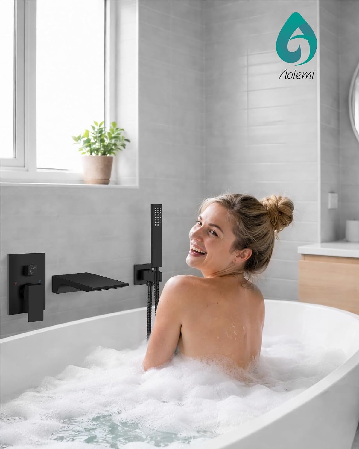 Aolemi Wall Mount Bathtub Faucet,Tub Faucet Set Waterfall Wall Mounted Tub Filler with Handheld Sprayer Single Handle,Matte Black