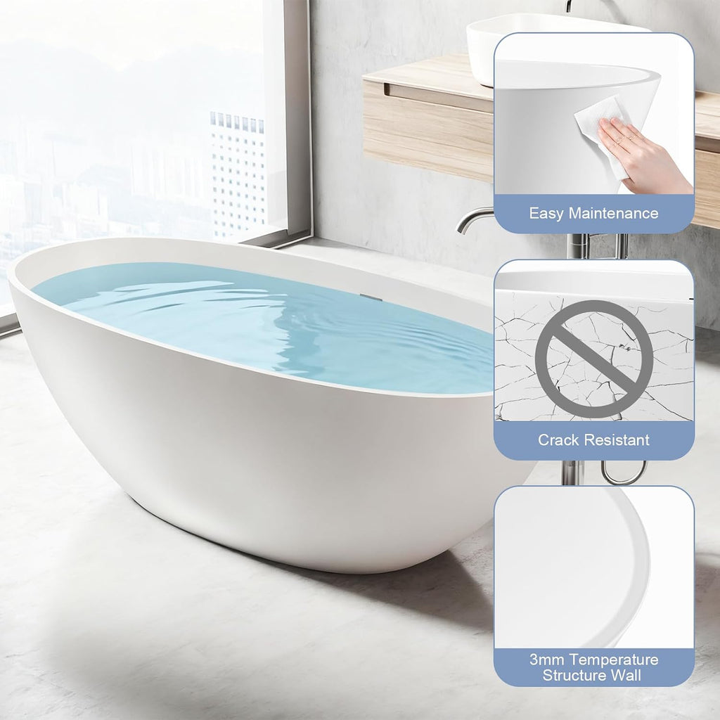 Zevemomo 65 Inch Stone Resin Freestanding Bathtub, Modern Oval Soaking Bathtubs Tubs, Contemporary Solid Surface Bathtubs with Overflow and Pop-up Drain, Matte White