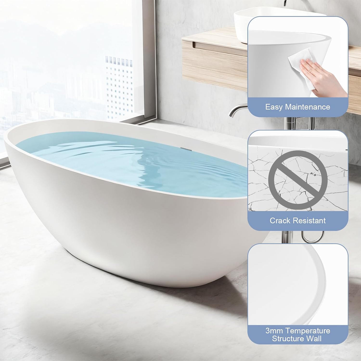 Zevemomo 65 Inch Stone Resin Freestanding Bathtub, Modern Oval Soaking Bathtubs Tubs, Contemporary Solid Surface Bathtubs with Overflow and Pop-up Drain, Matte White