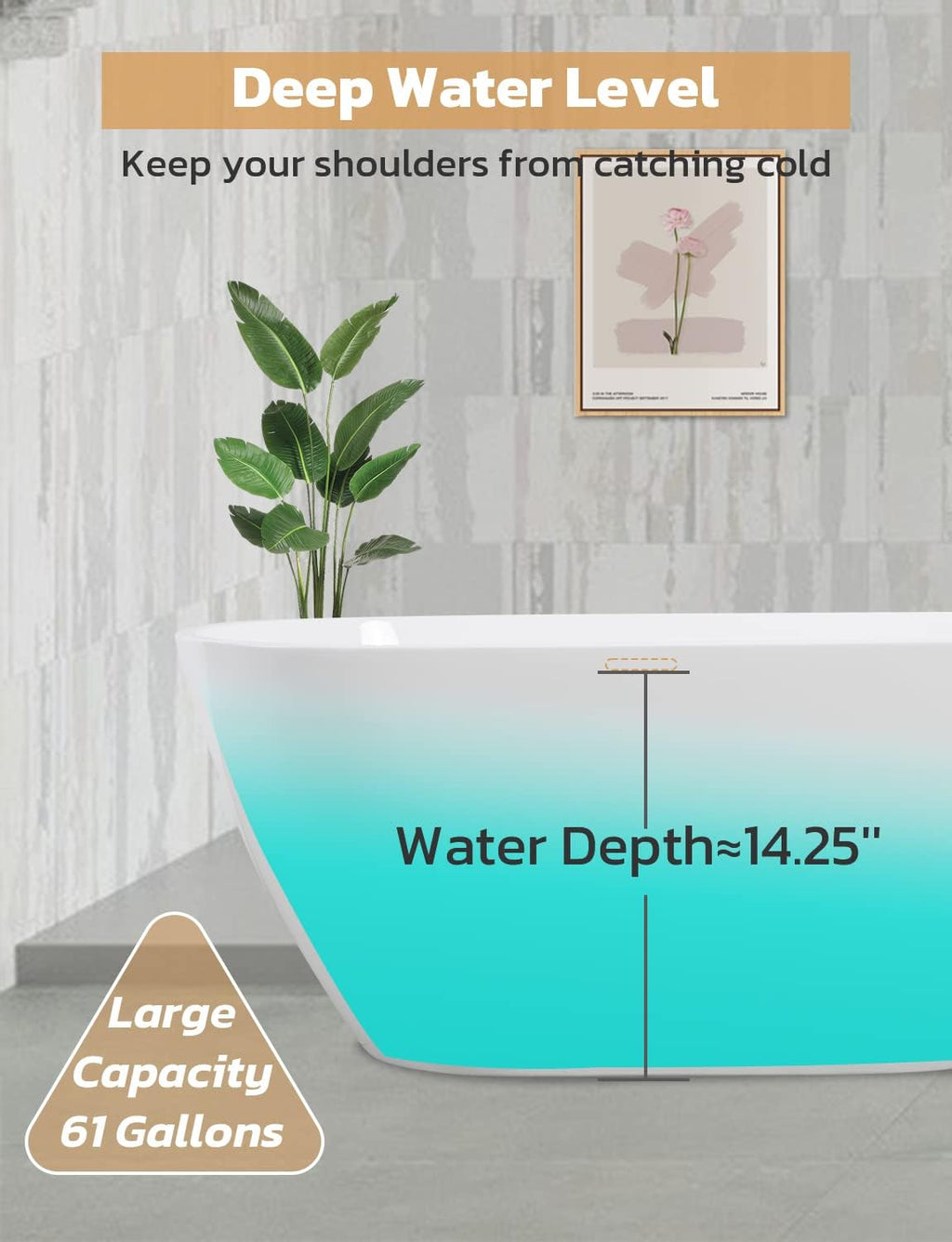 Zevemomo 63 Inch Acrylic Freestanding Bathtub, Glossy White Contemporary Soaking Tub with Silver Toe-Tap Pop-Up Chrome Drain, Integrated Slotted Brushed Nickel Overflow, 61 Gal cUPC Certified Tub