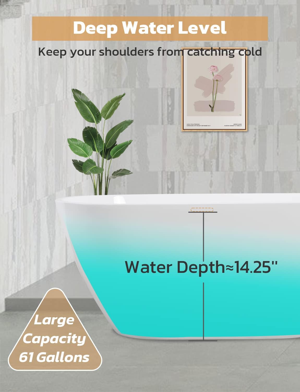 Zevemomo 63 Inch Acrylic Freestanding Bathtub, Glossy White Contemporary Soaking Tub with Silver Toe-Tap Pop-Up Chrome Drain, Integrated Slotted Brushed Nickel Overflow, 61 Gal cUPC Certified Tub