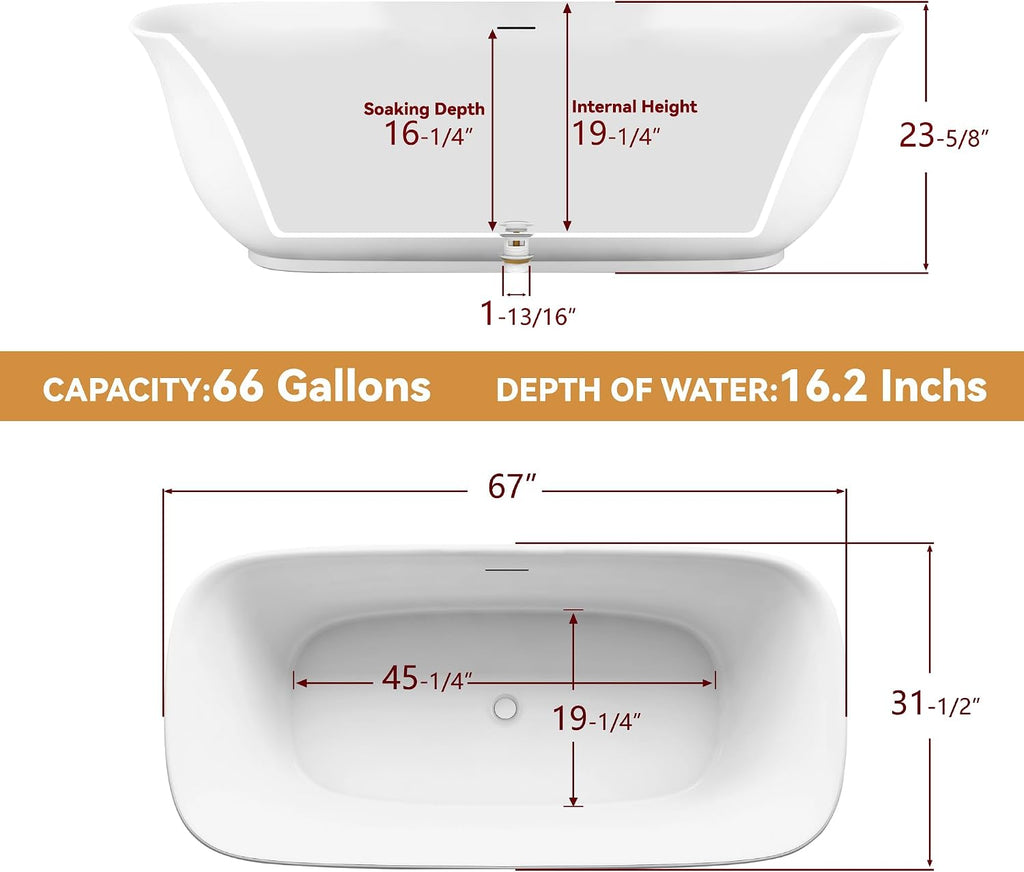 67' Free Standing Tub, Pure Acrylic Freestanding Bathtub, Stylish Stand Alone Contemporary Deep Soaking Bath Tub, cUPC Certified SY6270 (Glossy White)