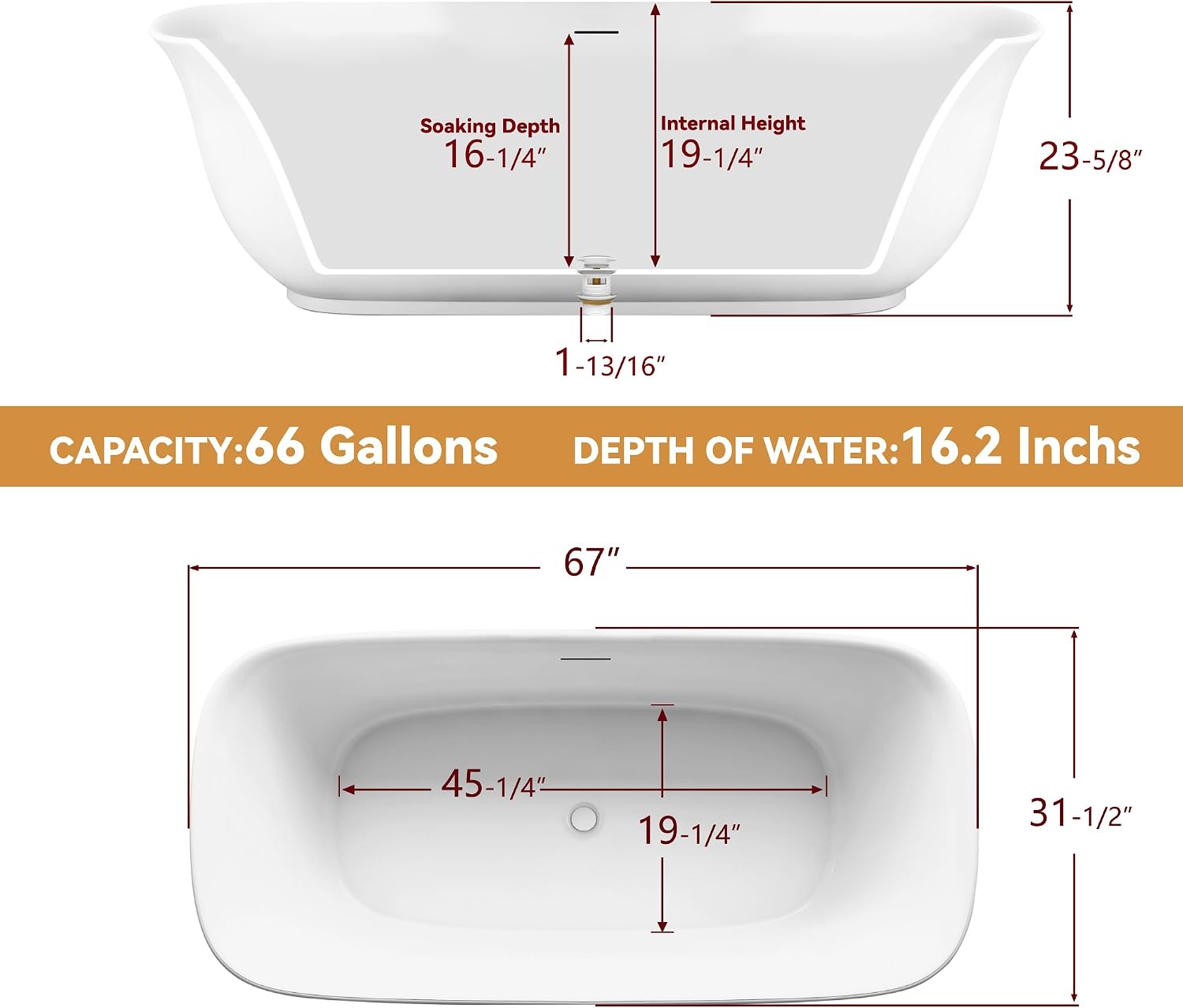 67' Free Standing Tub, Pure Acrylic Freestanding Bathtub, Stylish Stand Alone Contemporary Deep Soaking Bath Tub, cUPC Certified SY6270 (Glossy White)