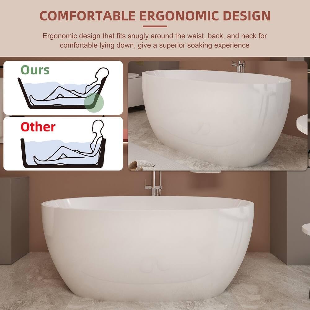 67 Inch Oval Large Soaking Bathtub, Luxury Acrylic Freestanding Stand Alone Tubs with Overflow & Chrome Drain for Bathroom Spa, Glossy White, 67''x28''
