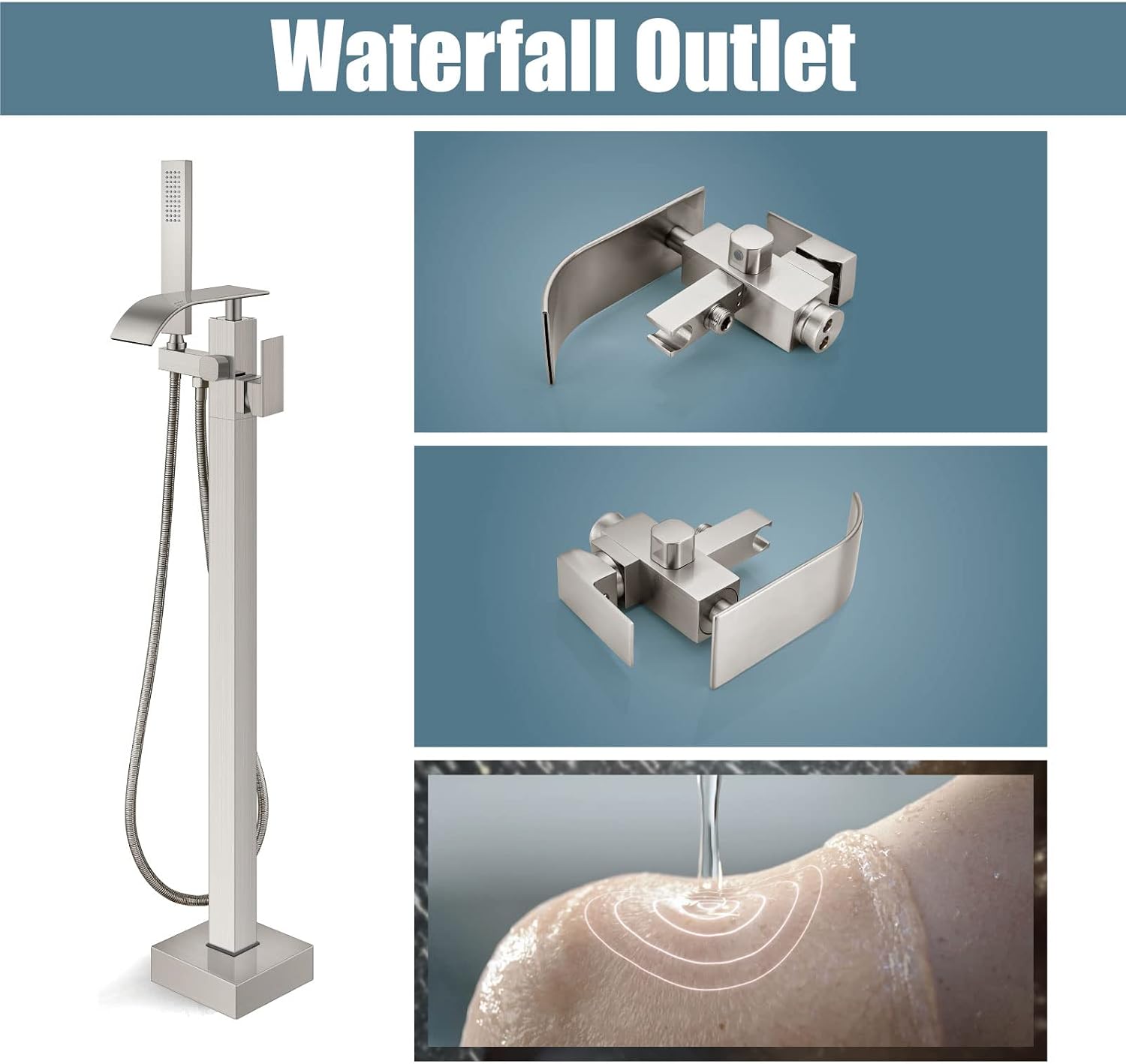 Aolemi Freestanding Bathtub Faucet Floor Mount Tub Filler Waterfall Free Standing High Flow with Handheld Shower Mixer Taps Swivel Spout Brushed Nickel