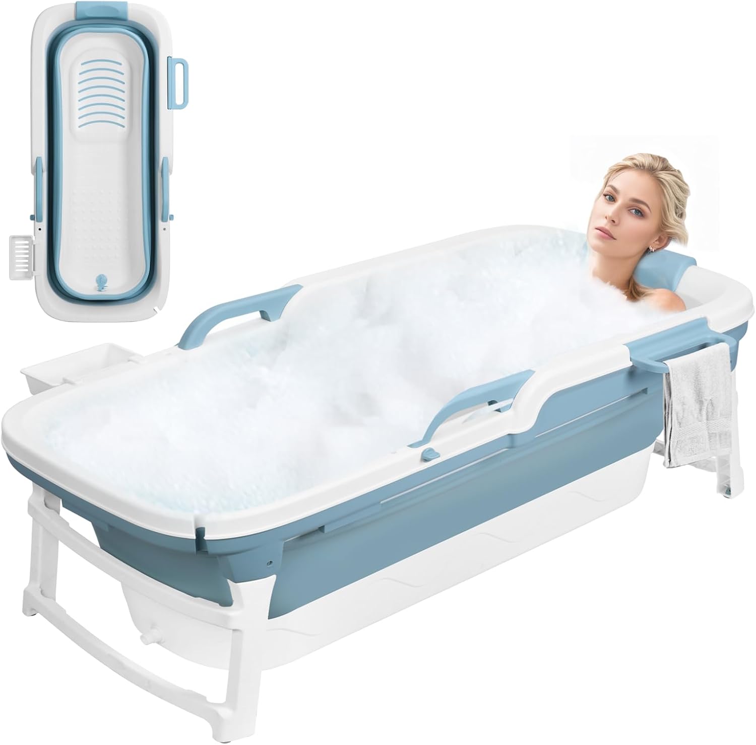 Portable Bathtub, 58/56/50/46 Inch Collapsible Bathtub, Freestanding Foldable for Adults, Folding Tub for Shower, Hot Bath, Ice Bath (Blue-D-130cm)