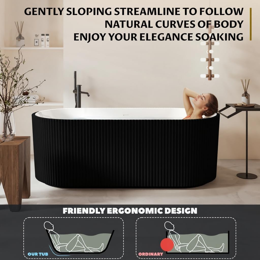 67' Acrylic Freestanding Bathtub, Modern Acrylic Soaking Bathtub, Freestanding Rectangular Tub with Matte Drain and Overflow, Ergonomic Deep Design, Double-Walled Insulation, CUPC Certified